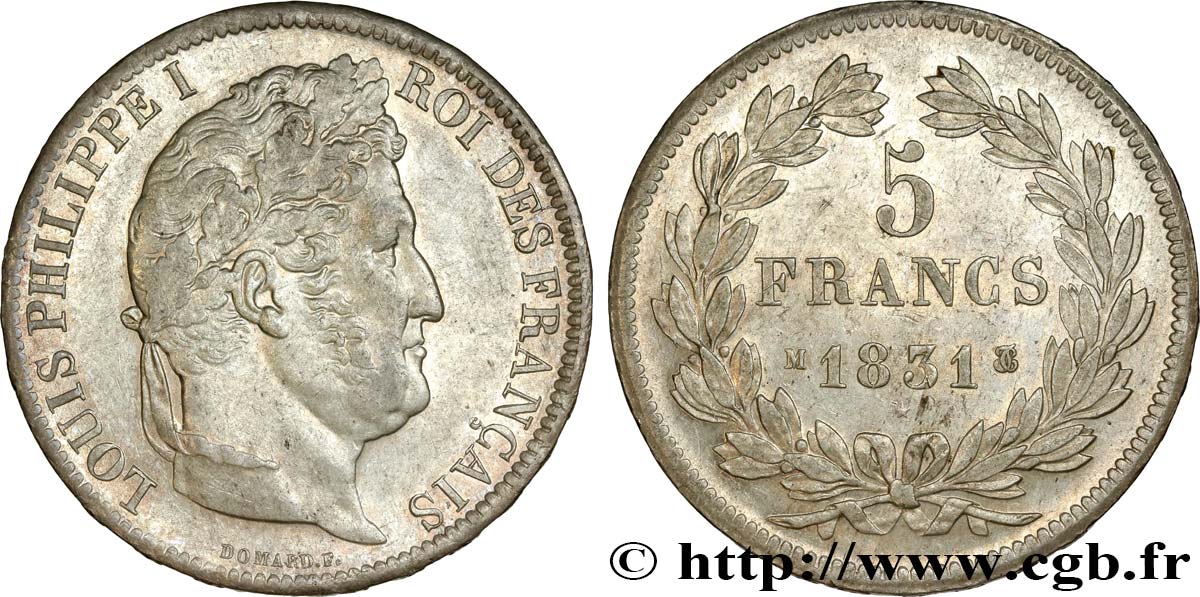 5 francs Ier type Domard, tranche en relief 1831 Toulouse F.320/9 AU53 