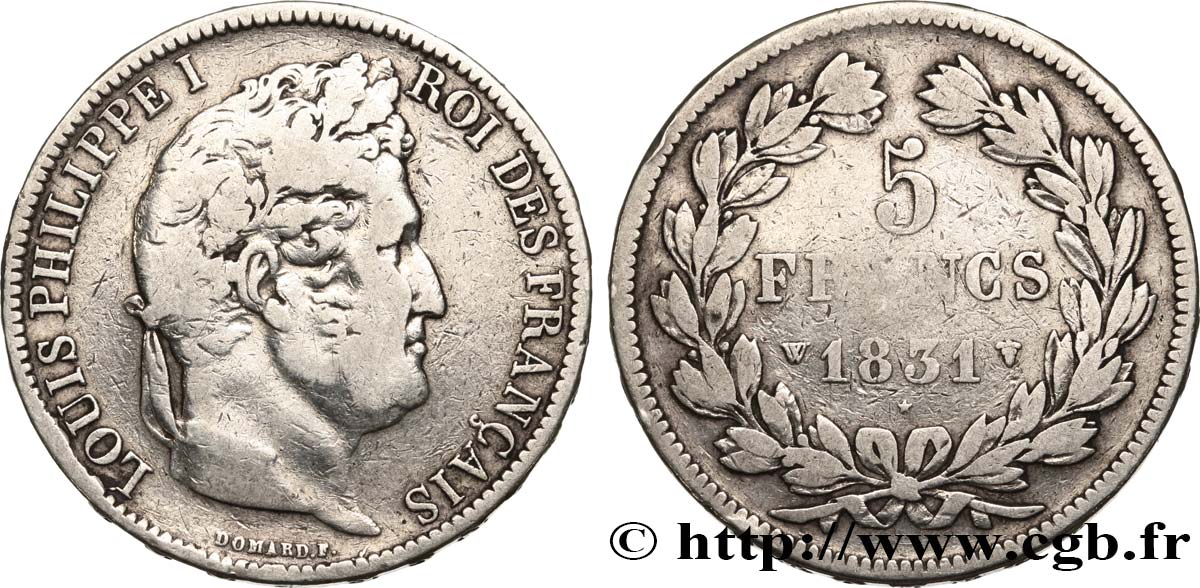 5 francs Ier type Domard, tranche en relief 1831 Lille F.320/13 BC 