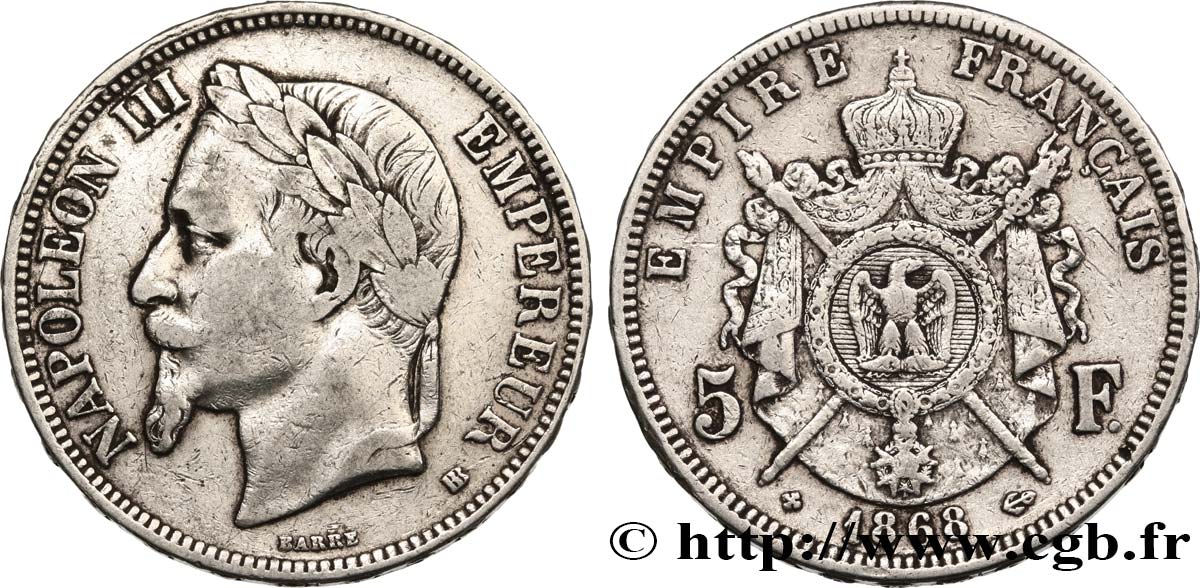 5 francs Napoléon III, tête laurée 1868 Strasbourg F.331/13 BC 