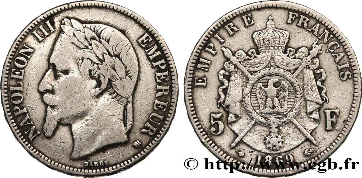5 francs Napoléon III, tête laurée 1869 Strasbourg F.331/15 TB 
