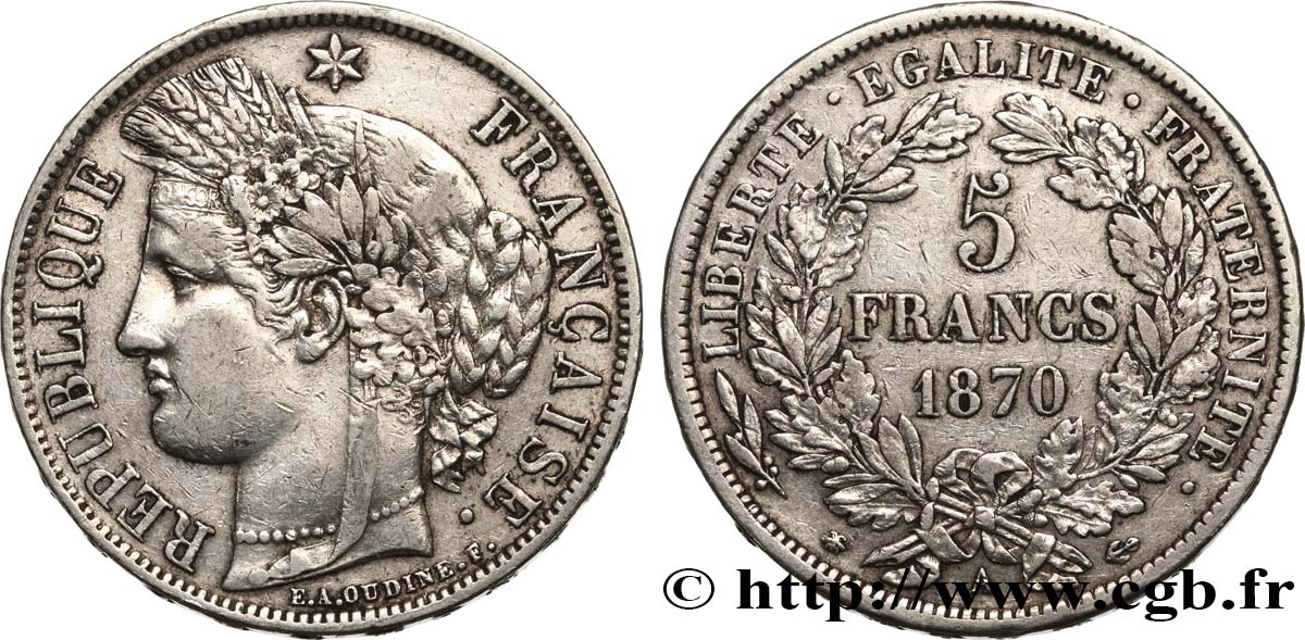 5 francs Cérès, avec légende 1870 Paris F.333/1 SS40 