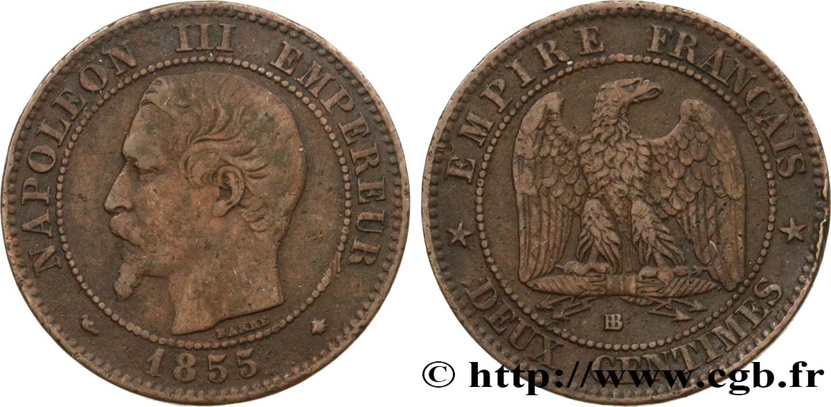 Deux centimes Napoléon III, tête nue 1855 Strasbourg F.107/23 TB30 