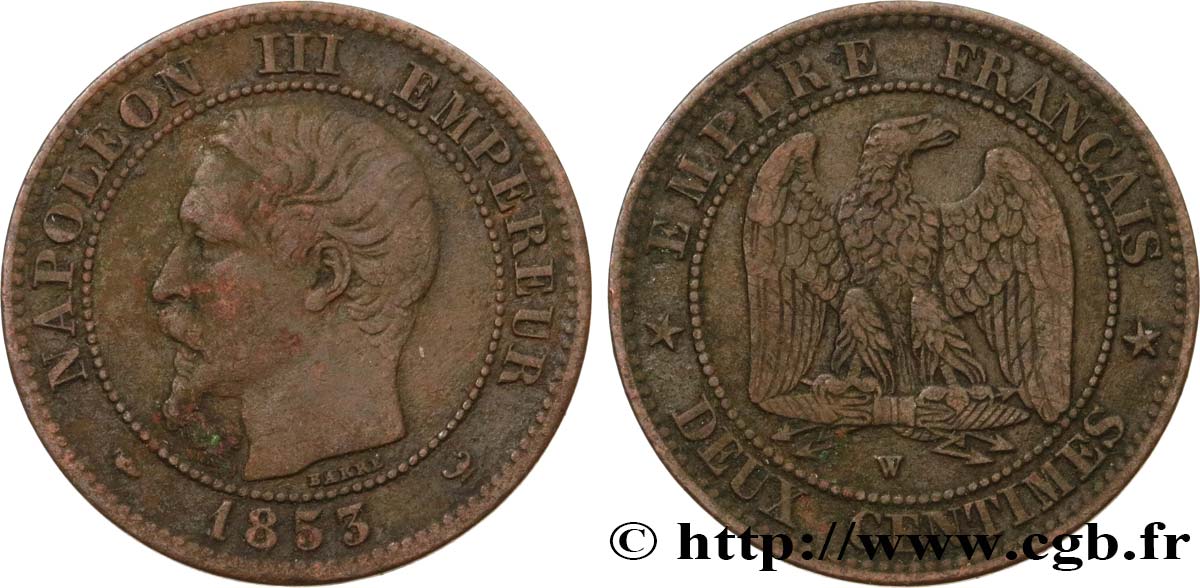 Deux centimes Napoléon III, tête nue 1853 Lille F.107/8 BC25 