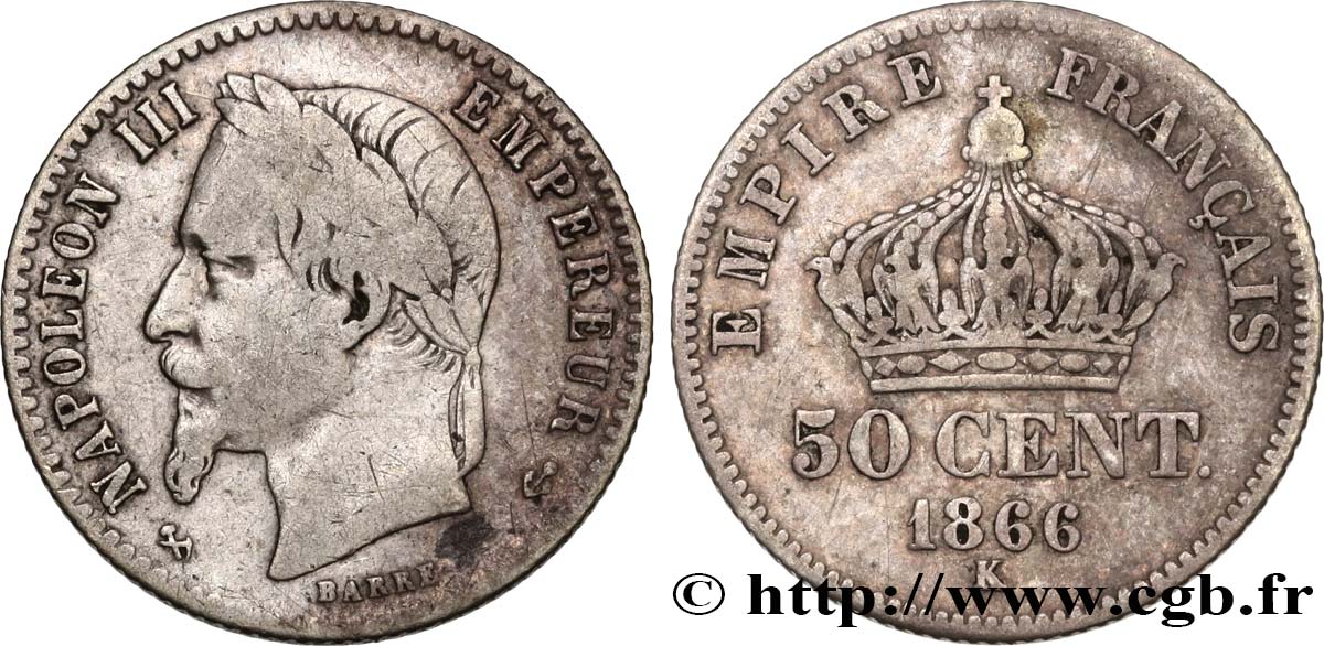 50 centimes Napoléon III, tête laurée 1866 Bordeaux F.188/11 VF20 