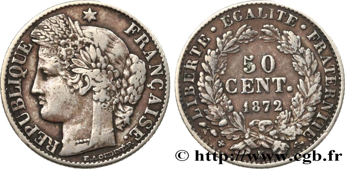 50 centimes Cérès, IIIe République 1872 Bordeaux F.189/4 VF35 