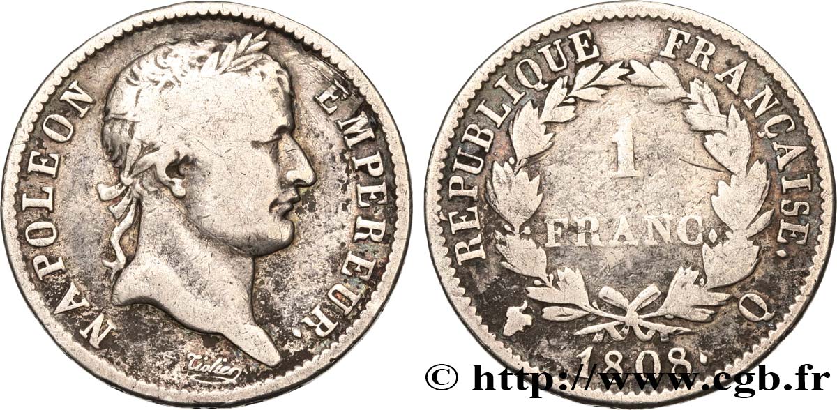 1 franc Napoléon Ier tête laurée, République française, Frappe Médaille 1808 Perpignan F.204/12 var. MB20 