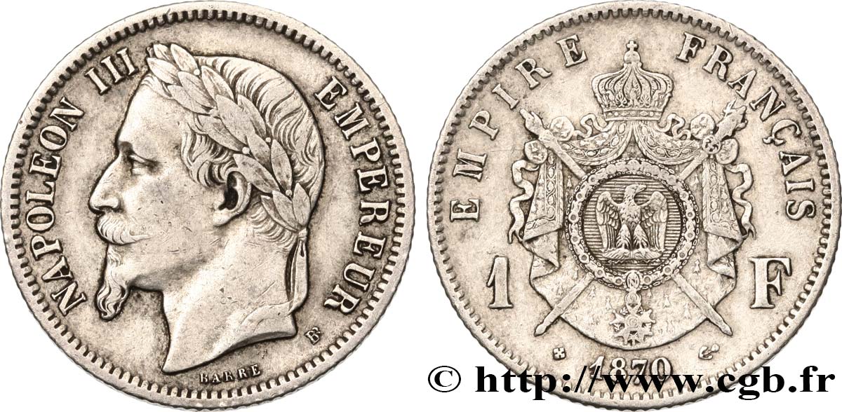 1 franc Napoléon III, tête laurée 1870 Strasbourg F.215/16 XF45 