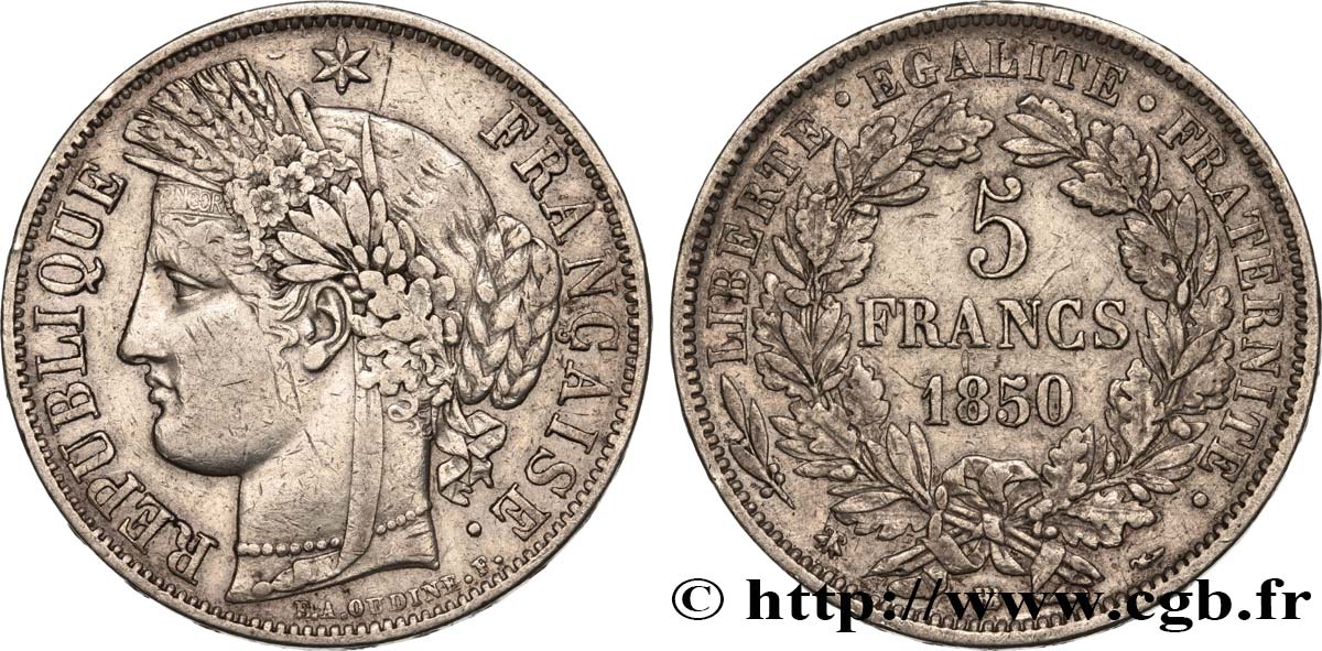 5 francs Cérès, IIe République 1850 Strasbourg F.327/5 XF45 