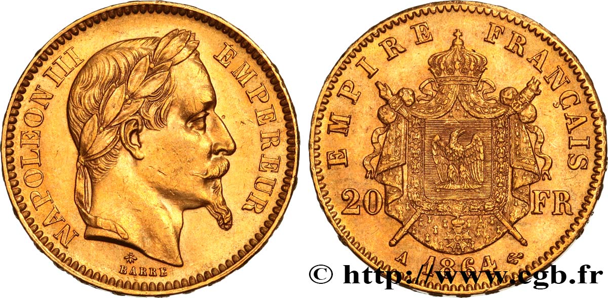 20 francs or Napoléon III, tête laurée 1864 Paris F.532/8 EBC60 