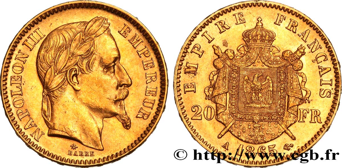20 francs or Napoléon III, tête laurée 1865 Paris F.532/11 SUP60 