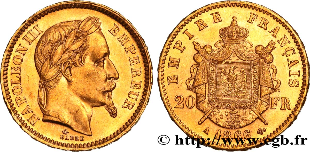 20 francs or Napoléon III, tête laurée 1866 Paris F.532/13 EBC60 
