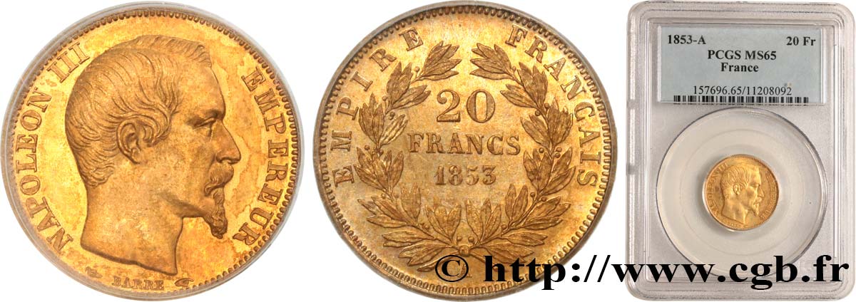 20 francs or Napoléon III, tête nue 1853 Paris F.531/1 FDC65 PCGS