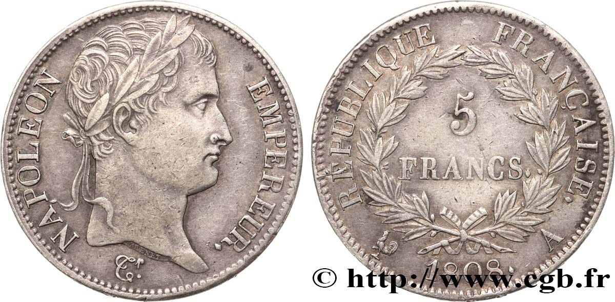 5 francs Napoléon Empereur, République française 1808 Paris F.306/2 SS50 
