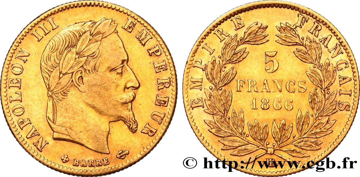 5 francs or Napoléon III, tête laurée 1866 Strasbourg F.502/10 MBC48 