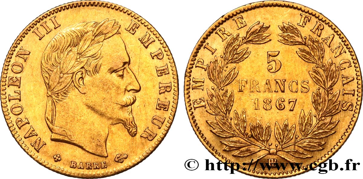 5 francs or Napoléon III, tête laurée 1867 Strasbourg F.502/12 AU53 