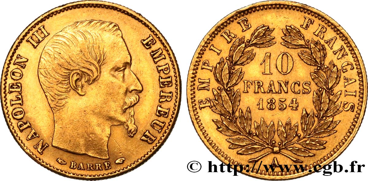 10 francs or Napoléon III tête nue, petit module, tranche cannelée 1854 Paris F.505A/1 AU50 