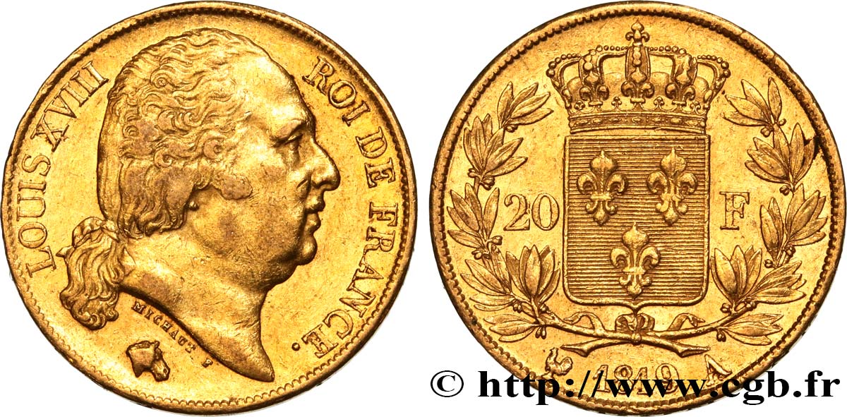 20 francs or Louis XVIII, tête nue 1819 Paris F.519/15 AU50 
