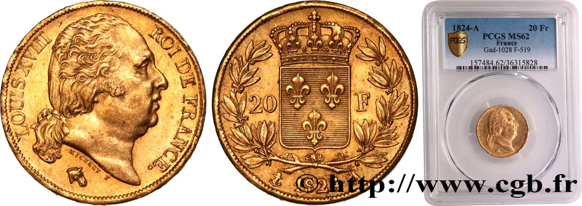 20 francs or Louis XVIII, tête nue 1824 Paris F.519/31 SPL62 PCGS