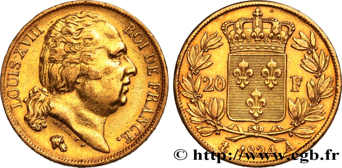 20 francs or Louis XVIII, tête nue 1824 Paris F.519/31 AU 