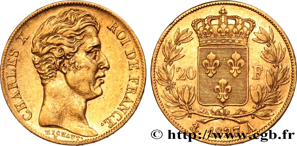 20 francs or Charles X 1827 Paris F.520/6 SS50 
