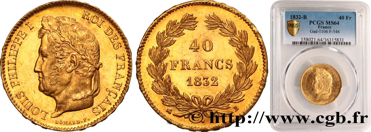 40 francs or Louis-Philippe 1832 Rouen F.546/4 MS64 PCGS