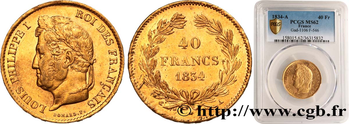 40 francs or Louis-Philippe 1834 Paris F.546/6 MS62 PCGS