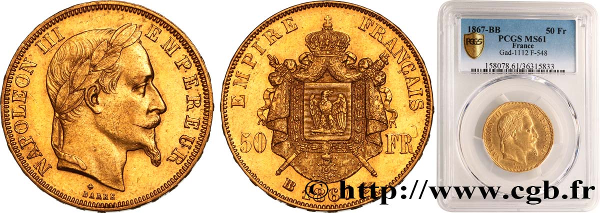 50 francs or Napoléon III, tête laurée 1867 Strasbourg F.548/9 MS61 PCGS