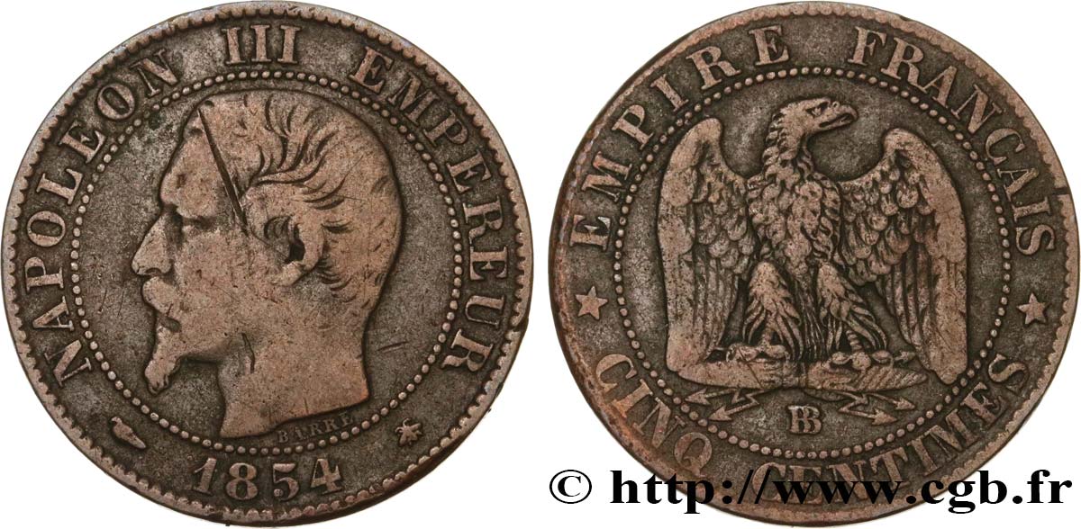 Cinq centimes Napoléon III, tête nue 1854 Strasbourg F.116/10 VF20 