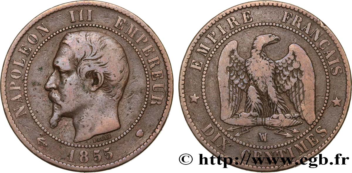 Dix centimes Napoléon III, tête nue 1855 Marseille F.133/31 BC25 