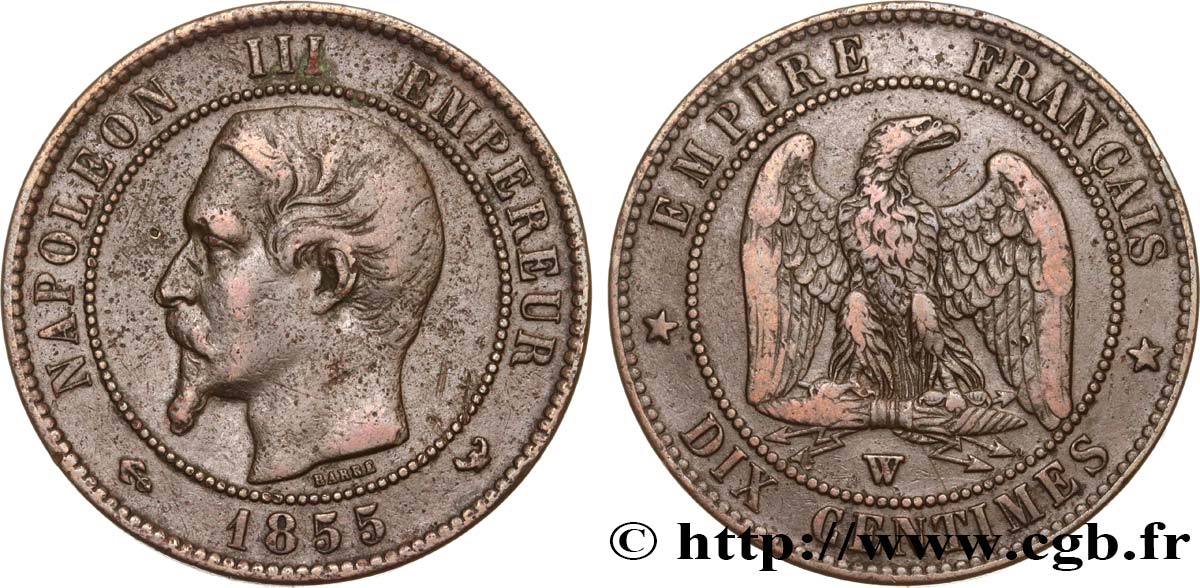 Dix centimes Napoléon III, tête nue 1855 Lille F.133/33 TB30 