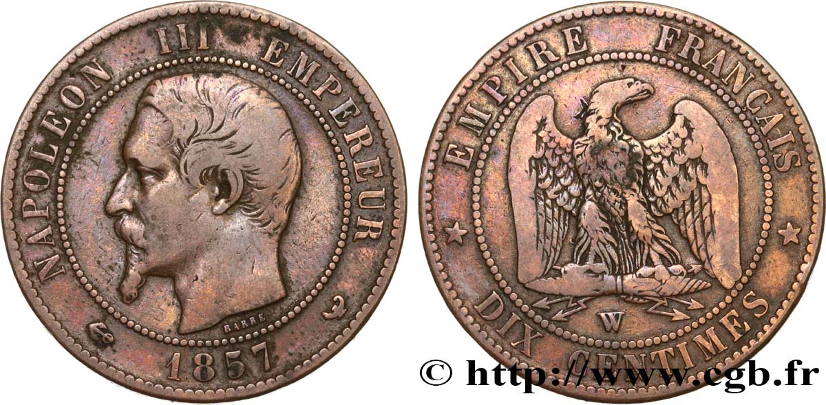 Dix centimes Napoléon III, tête nue 1857 Lille F.133/46 TB20 