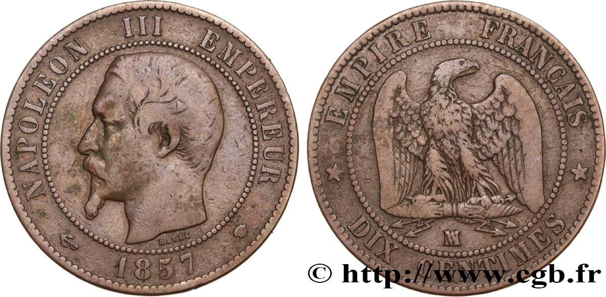 Dix centimes Napoléon III, tête nue 1857 Marseille F.133/45 TB20 