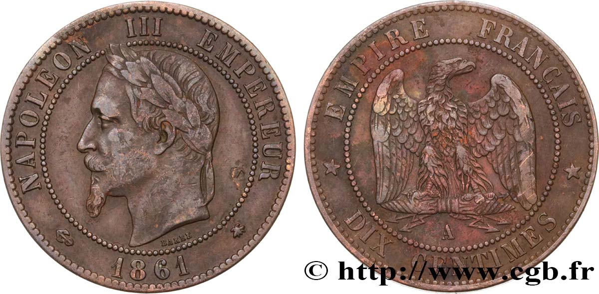 Dix centimes Napoléon III, tête laurée 1861 Paris F.134/4 BC35 