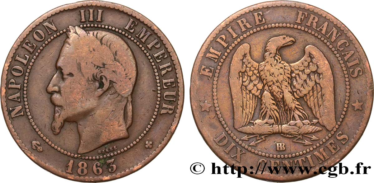 Dix centimes Napoléon III, tête laurée 1863 Strasbourg F.134/11 S15 