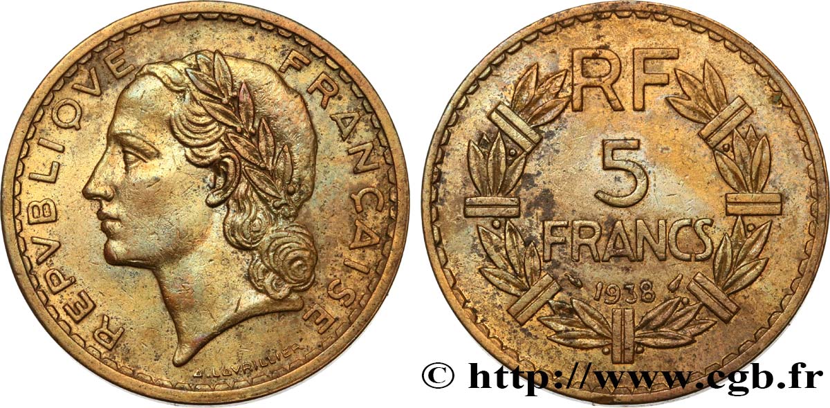 5 francs Lavrillier en bronze-aluminium 1938  F.337/1 MBC 