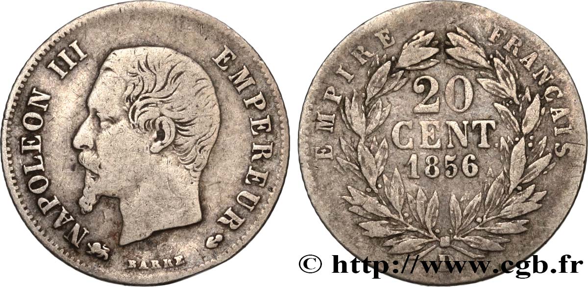 20 centimes Napoléon III, tête nue 1856 Lyon F.148/6 TB20 