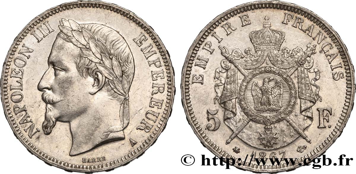 5 francs Napoléon III, tête laurée 1867 Paris F.331/10 EBC 
