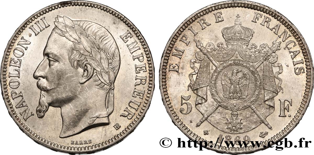 5 francs Napoléon III, tête laurée 1869 Strasbourg F.331/15 VZ62 