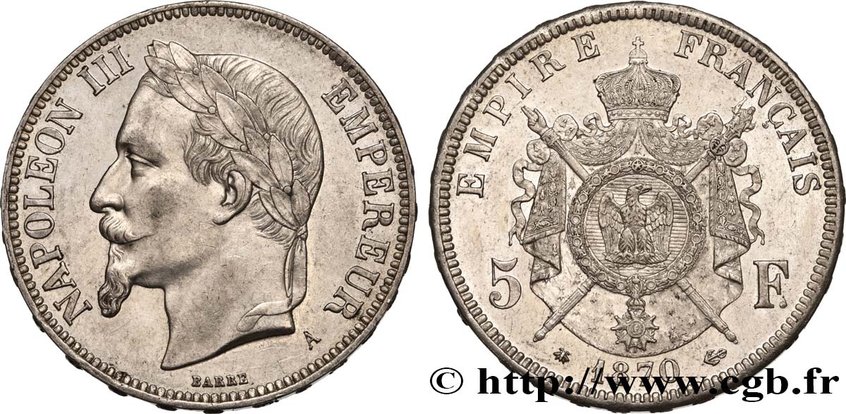 5 francs Napoléon III, tête laurée 1870 Paris F.331/16 EBC60 