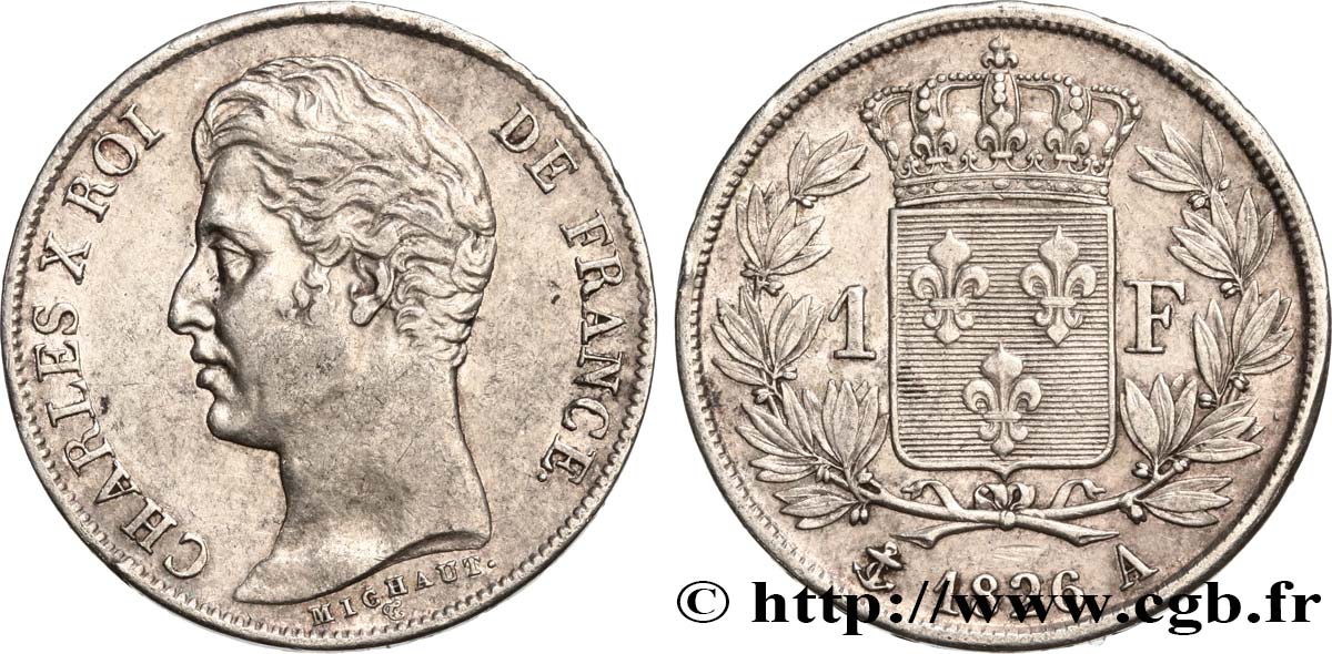 1 franc Charles X, matrice du revers à cinq feuilles 1826 Paris F.207/13 MBC50 