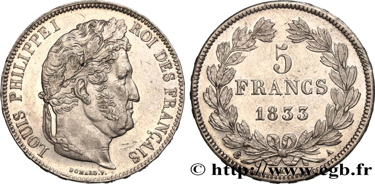 5 francs IIe type Domard 1833 Paris F.324/14 AU58 