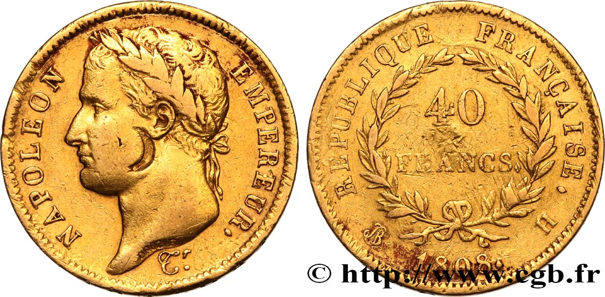 40 francs or Napoléon tête laurée, République française 1808 La Rochelle F.540/3 fSS 