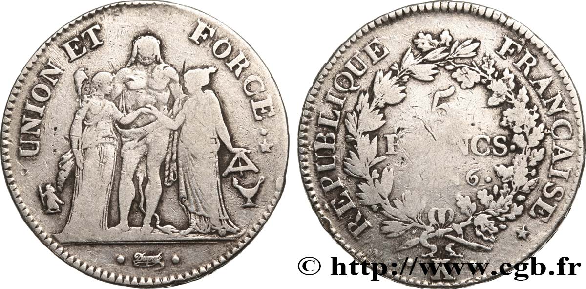 5 francs Union et Force, Union serré, seulement gland extérieur 1798 Bordeaux F.288/56 BC15 