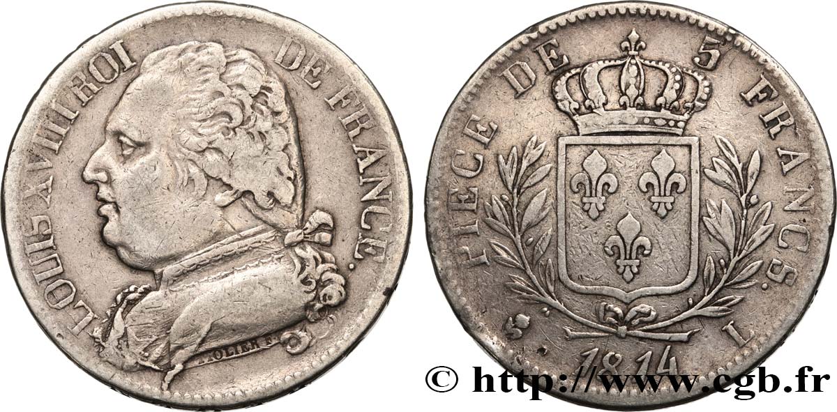 5 francs Louis XVIII, buste habillé 1814 Bayonne F.308/8 VF25 