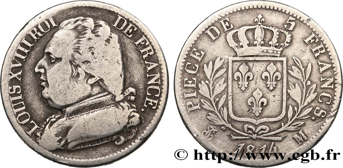 5 francs Louis XVIII, buste habillé 1814 Toulouse F.308/9 TB15 