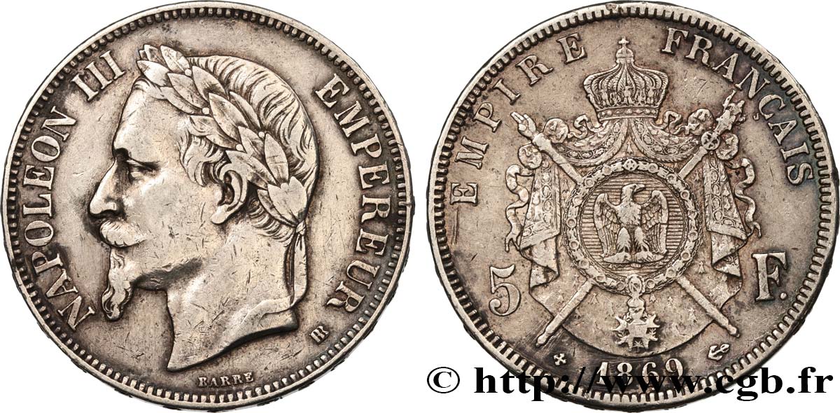 5 francs Napoléon III, tête laurée 1869 Strasbourg F.331/15 MBC 