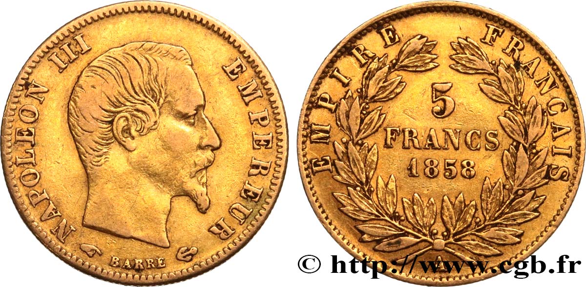 5 francs or Napoléon III, tête nue, grand module 1858 Paris F.501/5 MBC40 