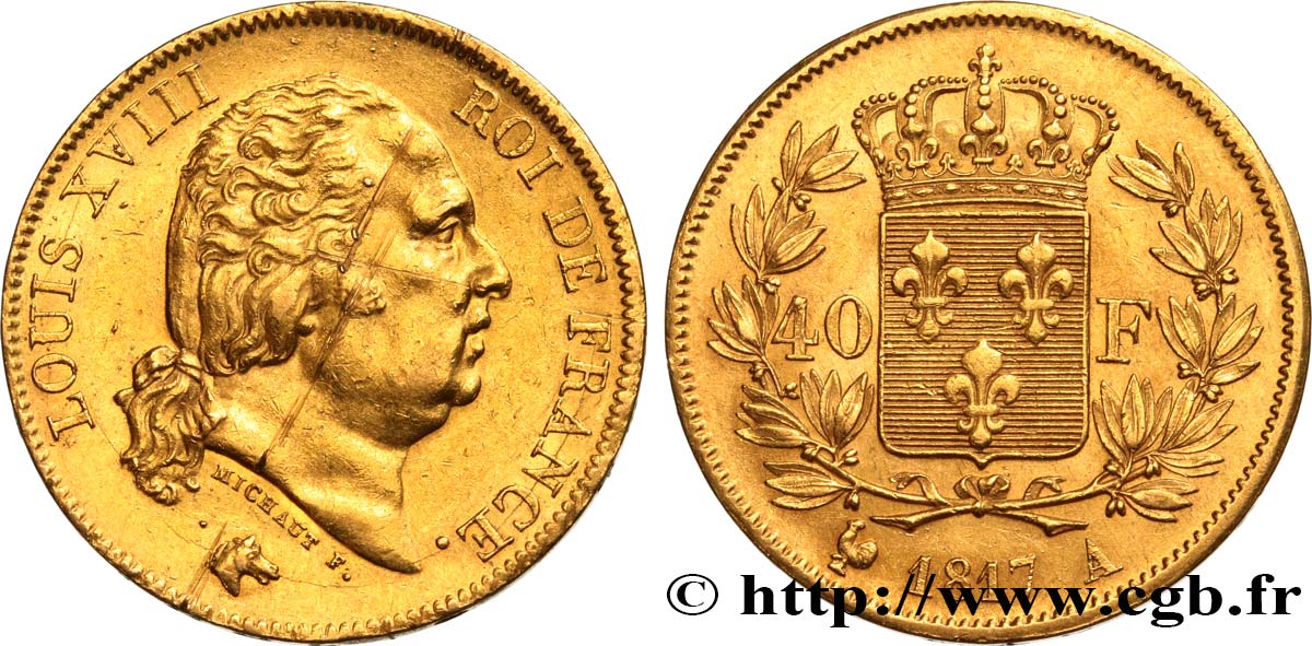 40 francs or Louis XVIII 1817 Paris F.542/6 AU 