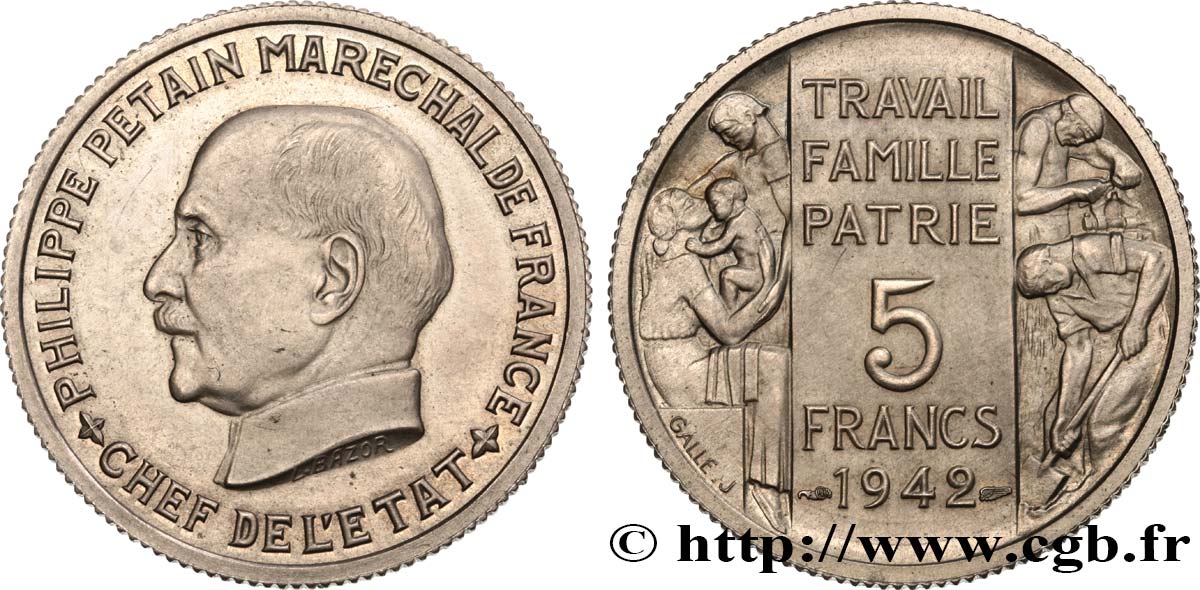 Épreuve grand module de 5 francs Pétain en cupro-nickel par Bazor et Galle, sans le mot ESSAI 1942 Paris GEM.143 1 SC 