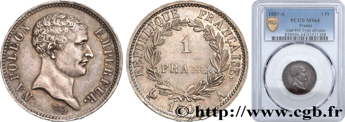 1 franc Napoléon Empereur, tête de nègre 1807 Paris F.203/1 MS64 PCGS